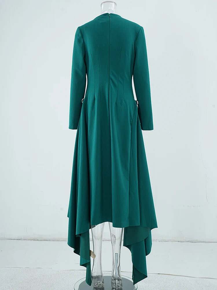 DEAT Elegant Dress Skew Collar Long Sleeves Waist Retraction Solid Color Asymmetric Hem Women's Dresses 2024 Autumn New 13DL7990