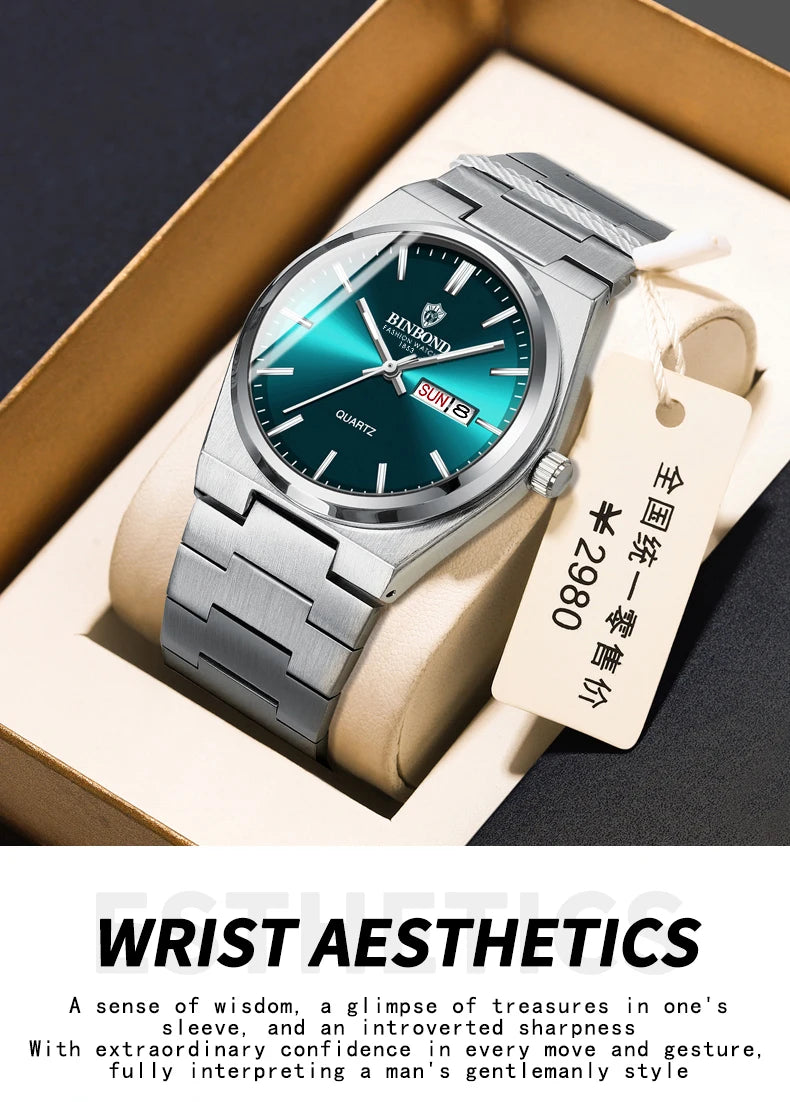 BINBOND Fashion New Men Business Watch Leisure Quartz Stainless Steel Buckle Watches Waterproof Luminous Calendar Men's Watches