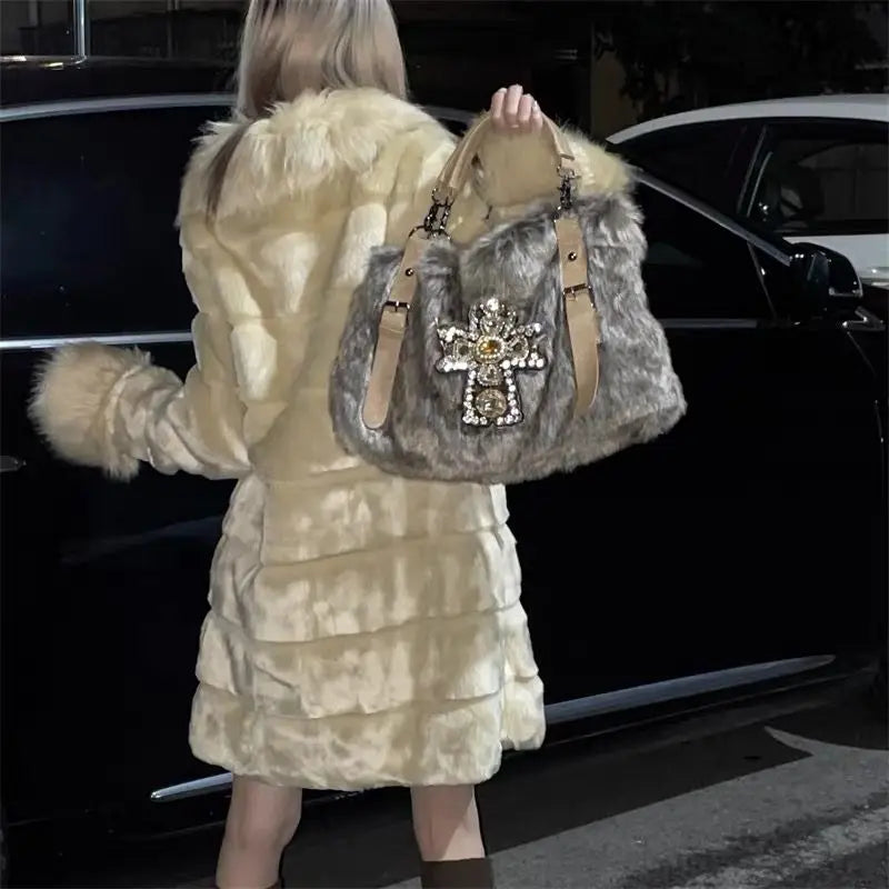 MBTI Y2k Womens Shoulder Bag Autumn and Winter Fashion Crucifixion Vintage Tote Bag Harajuku Rhinestone Large Capacity Handbag