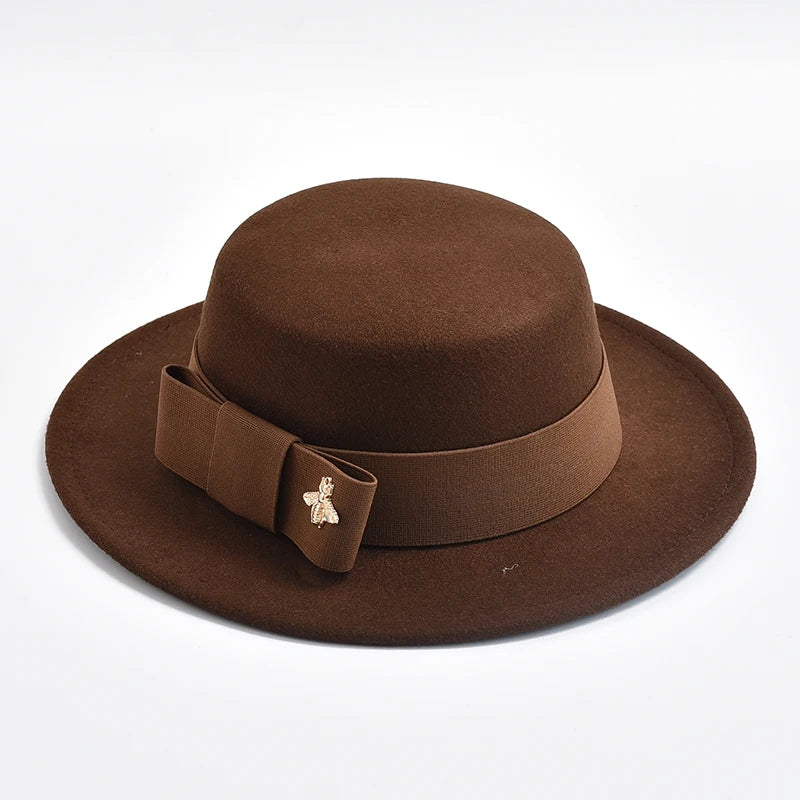 New Fedora Hat for Women Elegant Fashion Formal Wedding Decorate Church Cap Flat Top Bow Party Jazz Hat Chapeau Femme