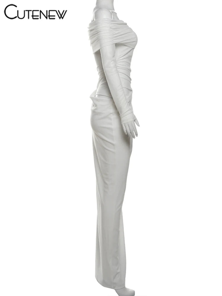 Cutenew Mesh Ruched Women Maxi Dress Sexy See Through Off Shoulder Long Sleeve Sheath Vestidos Female Midnight Party Solid Robe