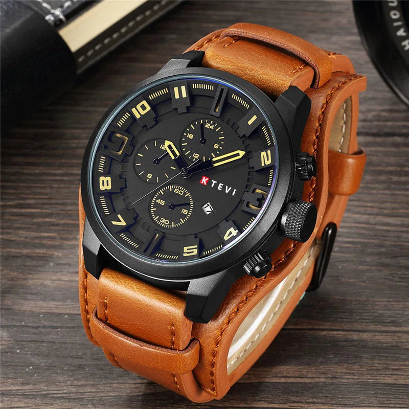 YIKAZE Luxury Business Men Quartz Watch Classic Retro Men's Watches Big Dial Leather Strap Date Military Wristwatch for Man