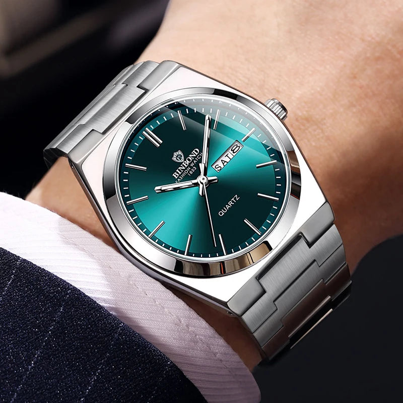 Men Watch Light Luxury Brand Stainless Steel Double Calendar Waterproof Male Business Leisure Fashion Quartz Clock Watches W004