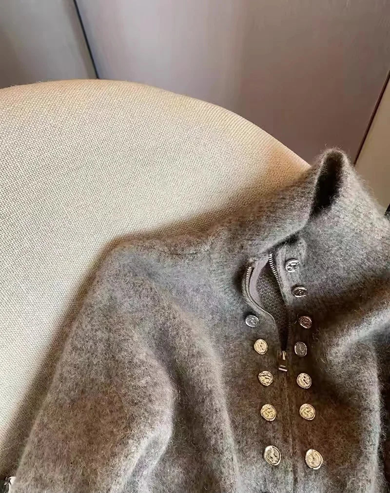 Women's Grey Cardigan Sweater Harajuku Korean Y2k Long Sleeves O-Neck Cashmere Sweaters Jumper Vintage 2000s Clothes Autumn 2024