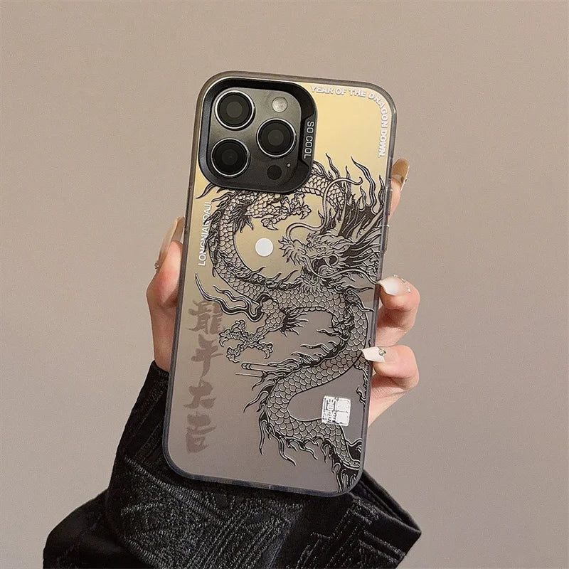 New Luxury Laser Eastern myths legends Chinese dragon Phone Case For iPhone 11 12 13 14 Pro Max 15 Plus 3D Totem Anti-drop Cover