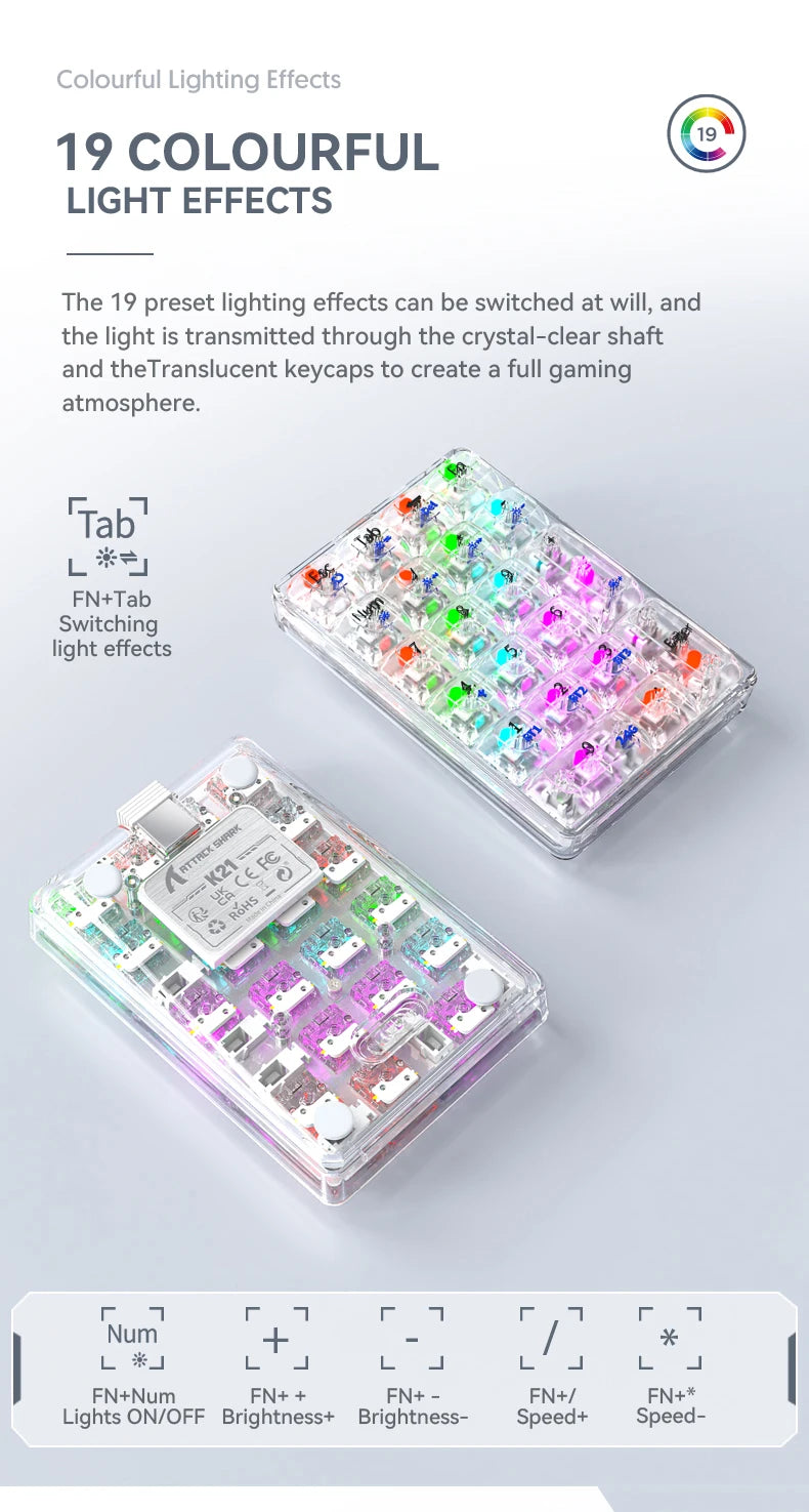 K21 21-Key Mechanical Keyboard, BT/2.4Ghz/USB-C Connection, Colourful Lighting, Full Key Hot-Swap for PC Laptops