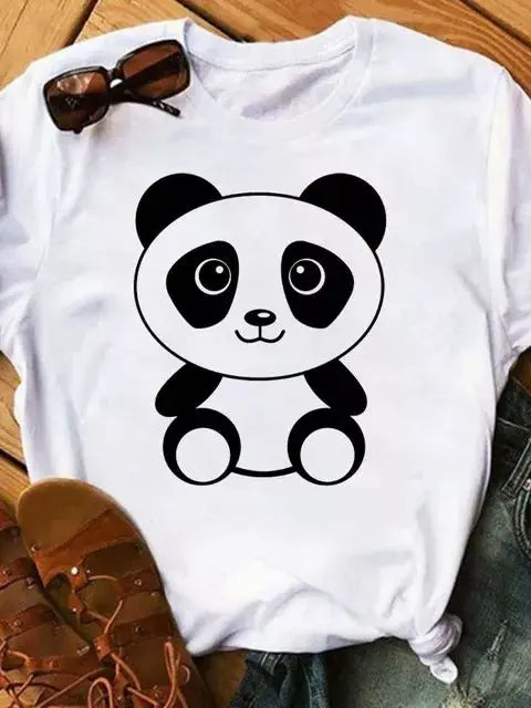 Maycaur Summer Women T Shirt Loose Tops Cute Panda Heart Print Short Sleeve Female Loose Casual T-shirt Ladies Top Teeadad
