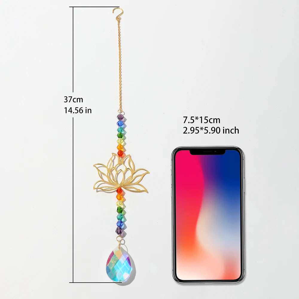 Crystal Sun Catcher Lotus Hanging Suncatcher Rainbow Maker Chakra Light Catcher Stained Glass Window Outdoor Garden Decoration