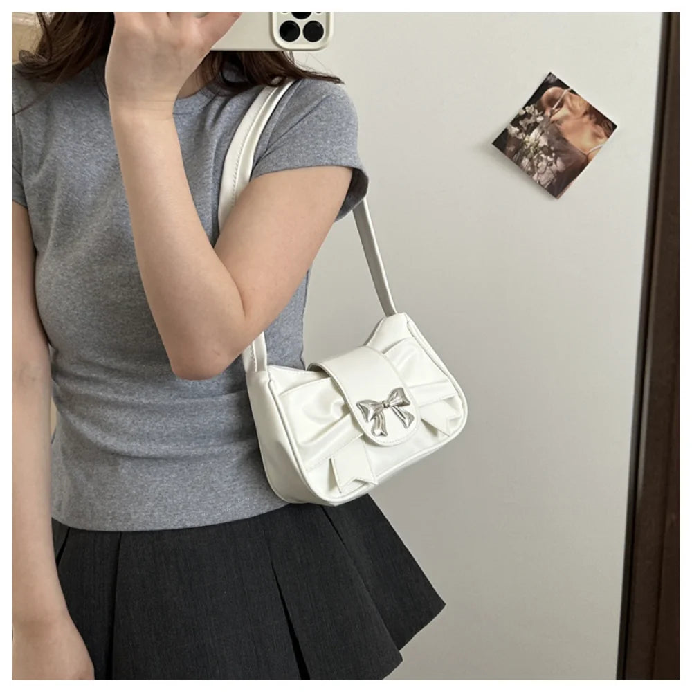 Korean Bow Pleated Shoulder Bag For Women 2024 Spring Summer New Armpit Bag Handbag