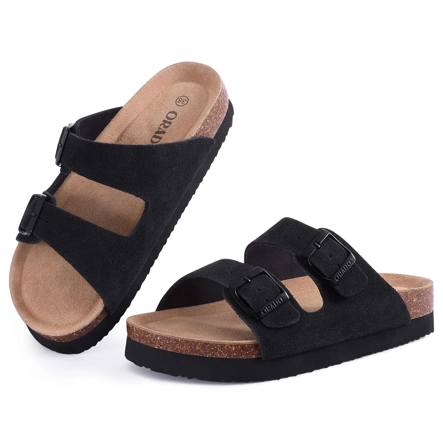 Kidmi Women Cork Suede Mules Slippers Outdoor Antiskid Beach Slippers Classic Cork Footbed Women Sandals With Adjustable Buckle