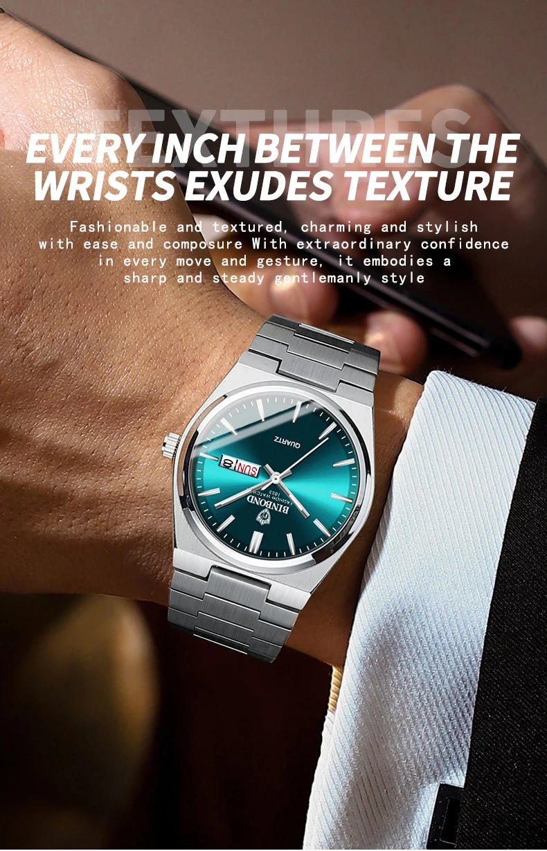 BINBOND Fashion New Men Business Watch Leisure Quartz Stainless Steel Buckle Watches Waterproof Luminous Calendar Men's Watches