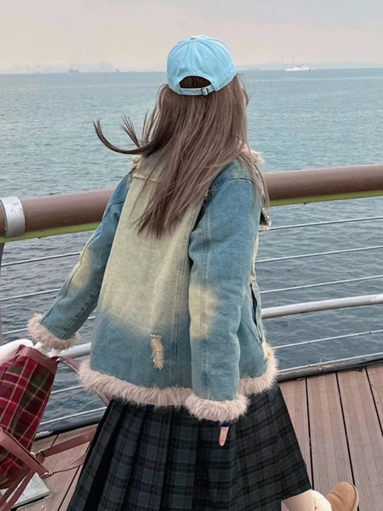 Turn-down Collar Jackets Women Warm Thickened Furry Design Wind-proof Korean Fashion Winter Casual Denim Outwear All-match Chic