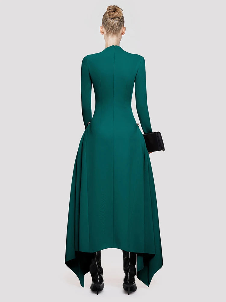 DEAT Elegant Dress Skew Collar Long Sleeves Waist Retraction Solid Color Asymmetric Hem Women's Dresses 2024 Autumn New 13DL7990