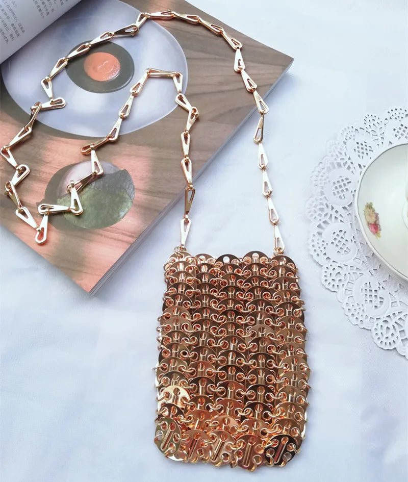 luxury Women Bags Designer Metal Sequins Chain Woven Bag Hollow Evening Bags Clutch Female Travel Holiday Shoulder Bag Handbag