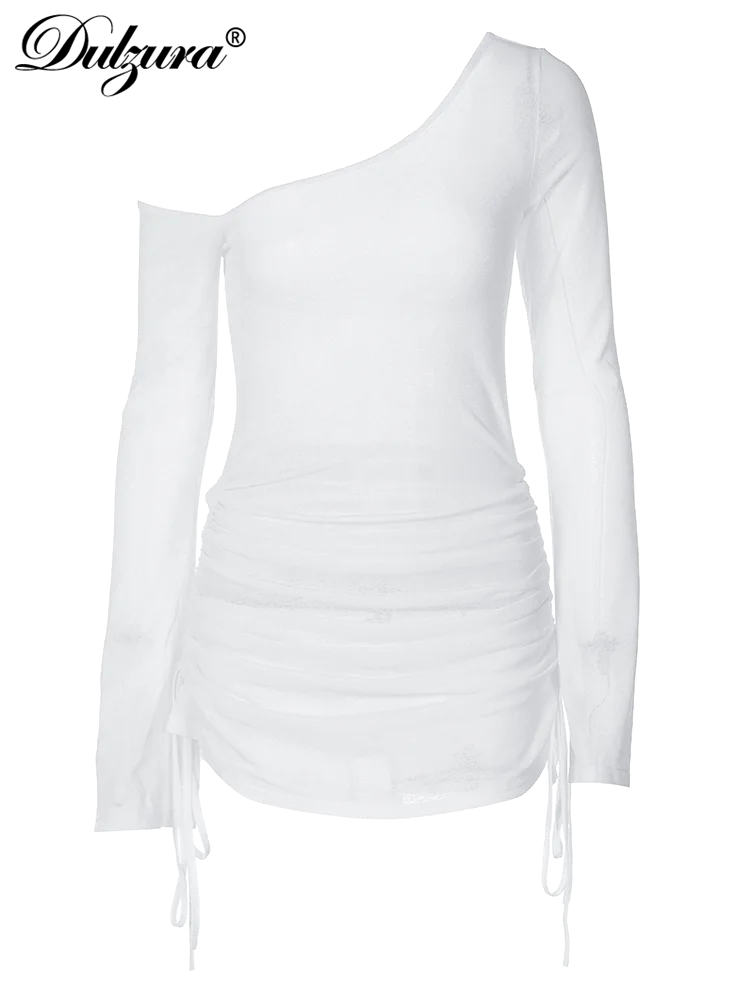 Dulzura Solid Skew Collar Ruched Straps Lace-Up See Through Draw String Mini Dress 2023 Summer Women Party Clubwear Wholesale