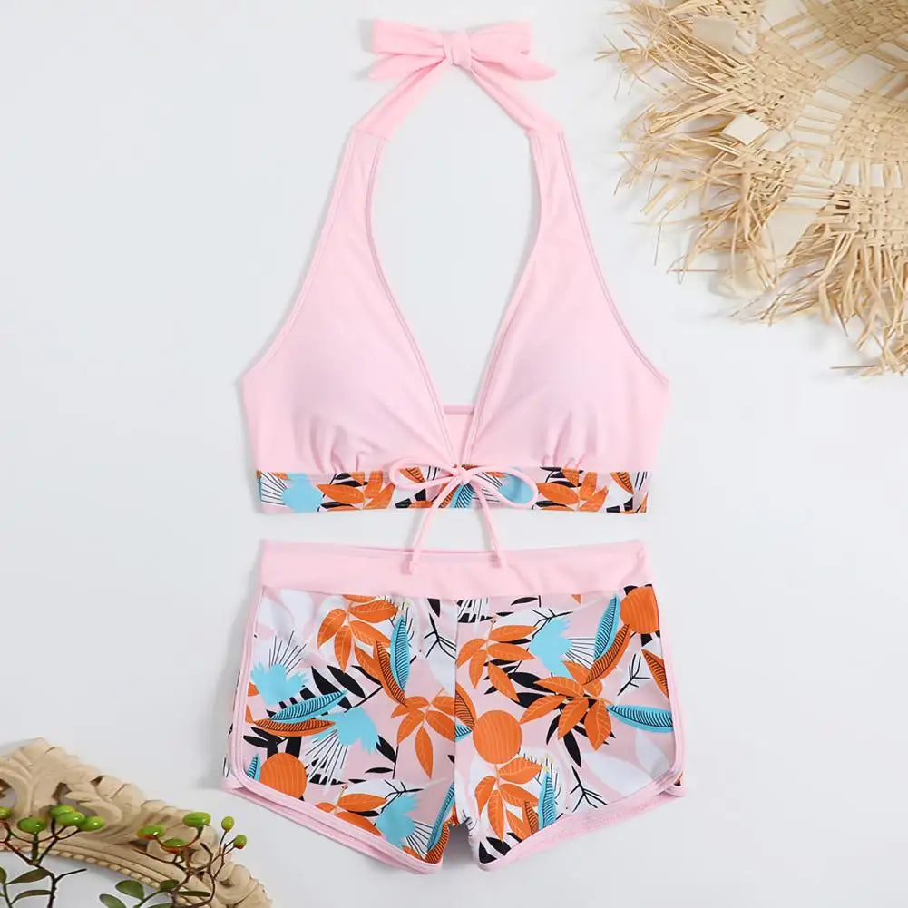 2Pcs/Set Bikinis Set Bowknot Decor Floral Print Bikini Backless Halter Bra High Waist Beachwear Female Beach Clothing
