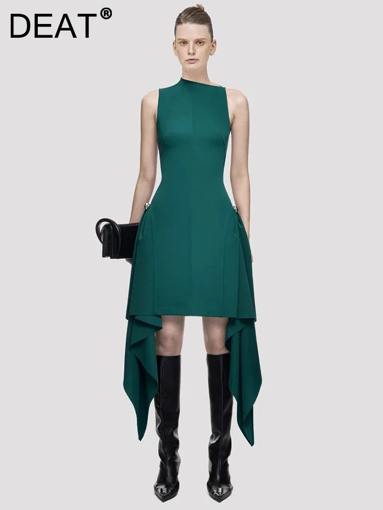 DEAT Elegant Dress Skew Collar Long Sleeves Waist Retraction Solid Color Asymmetric Hem Women's Dresses 2024 Autumn New 13DL7990