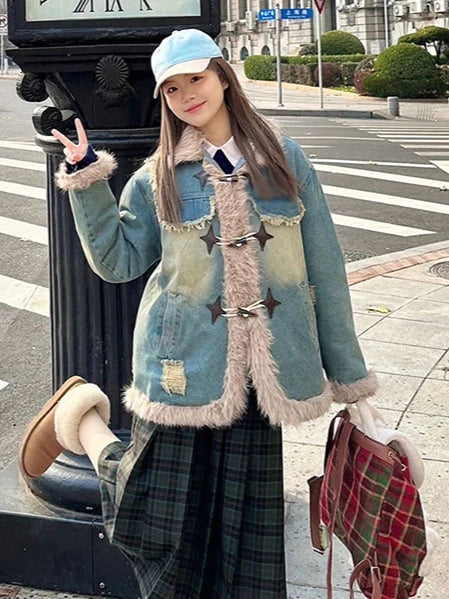 Turn-down Collar Jackets Women Warm Thickened Furry Design Wind-proof Korean Fashion Winter Casual Denim Outwear All-match Chic