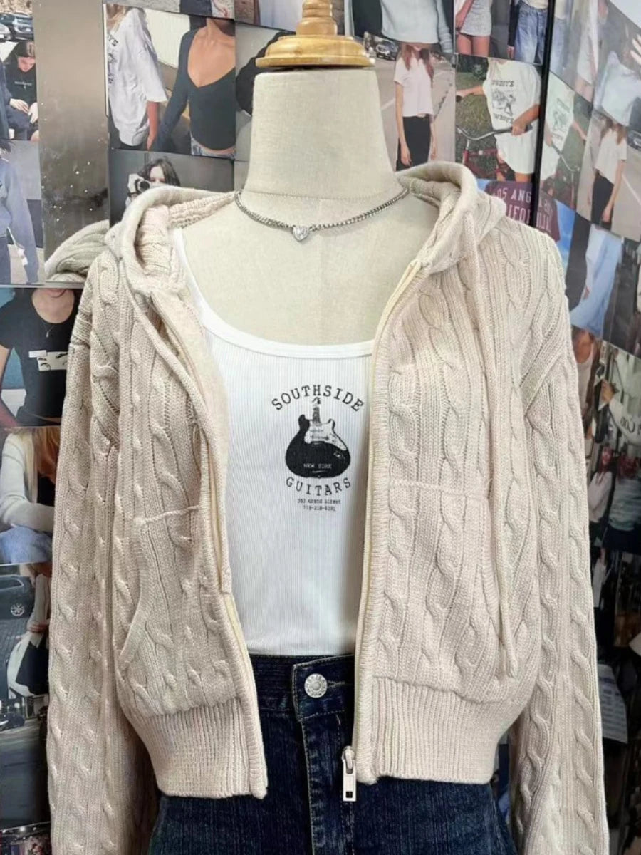 Twisted Flower Knitted Cardigan Sweater Women Autumn Long Sleeve Hooded Zipper Short Coat Streetwear Fashion Sweaters Y2K Tops