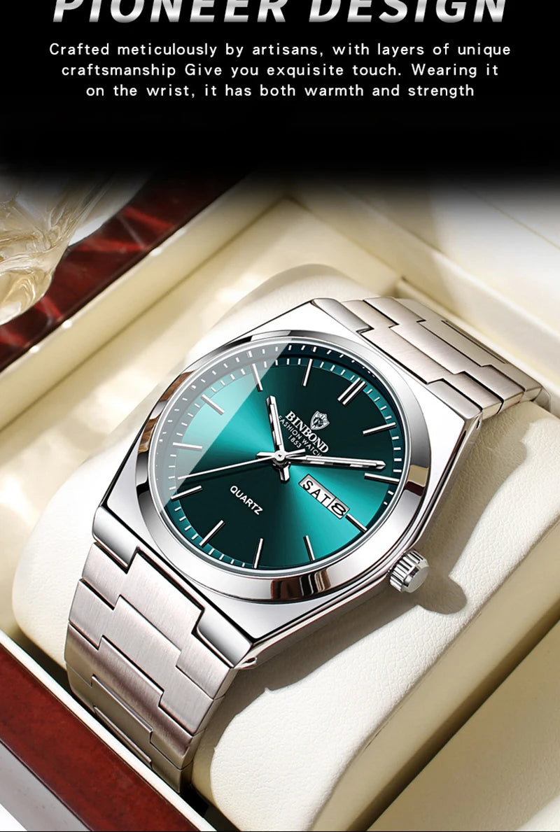 Men Watch Light Luxury Brand Stainless Steel Double Calendar Waterproof Male Business Leisure Fashion Quartz Clock Watches W004