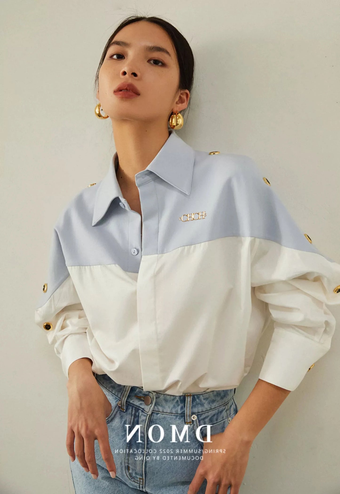 CHCH Women's Shirt 2025 New High Quality Splicing Color Contrasting Long Sleeve Business Shirt Commuter Women's Wear
