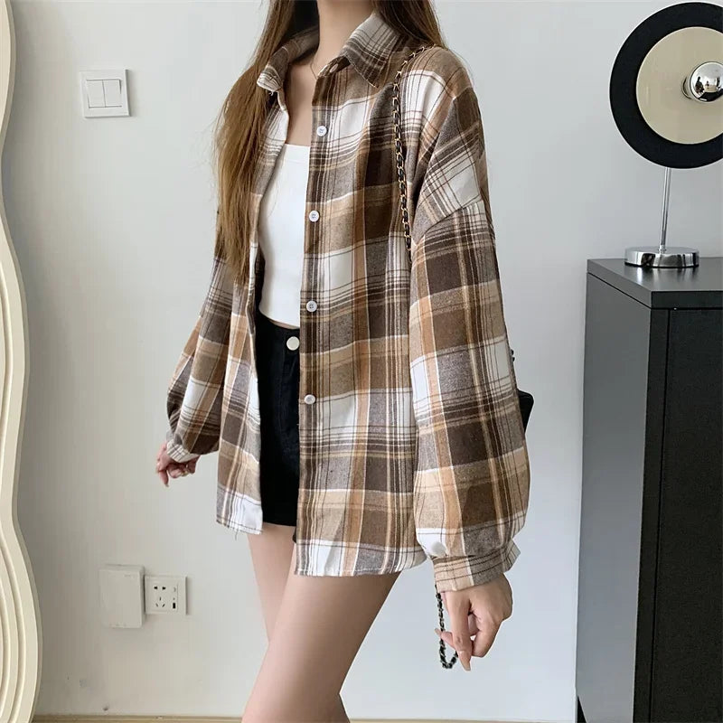 Plaid Shirt Women Autumn Long Sleeve Top Female Vintage Fashion Single Breasted Blouse Ladies Preppy Style Loose Check Shirts