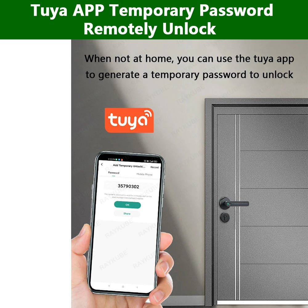 RAYKUBE M3 Tuya BLE Smart Fingerprint Electronic Door Lock Password Lock with Keys Smartlife/Tuya APP Unlock Delivery From USA
