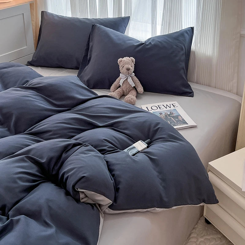 2-side Solid Color Brush Fabric Bed Set 4 Pieces Duvet Cover Pillowcase Bedding Set Bed Sheet Quilt Cover Single Queen King Size