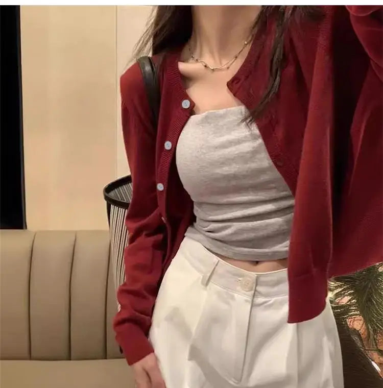 Alobee Red Cardigan Knit Early Autumn Women Clothes New 2024 Outdoor Crop Sweater Outerwear Long Sleeve Top Bottoming Shirt