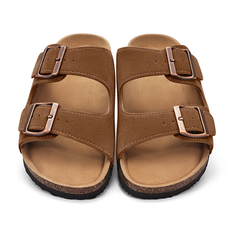 Kidmi Women Cork Suede Mules Slippers Outdoor Antiskid Beach Slippers Classic Cork Footbed Women Sandals With Adjustable Buckle