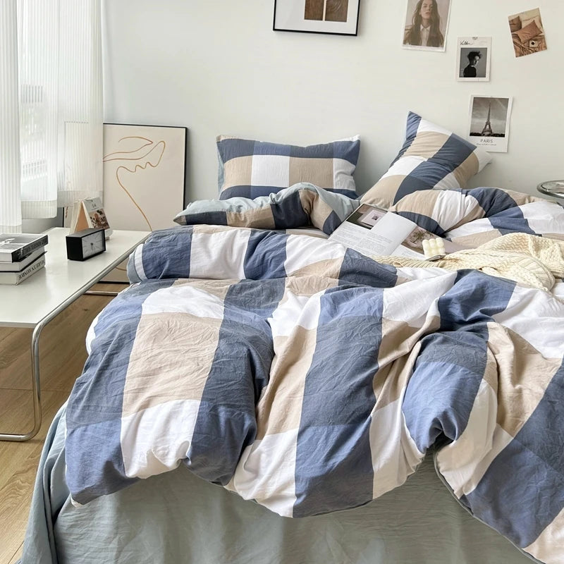Bed Linen Washed Cotton Striped Grid Minimalist Bedding Sheet Set Comforter Sets Queen Duvet Cover Double For Boys And Girls