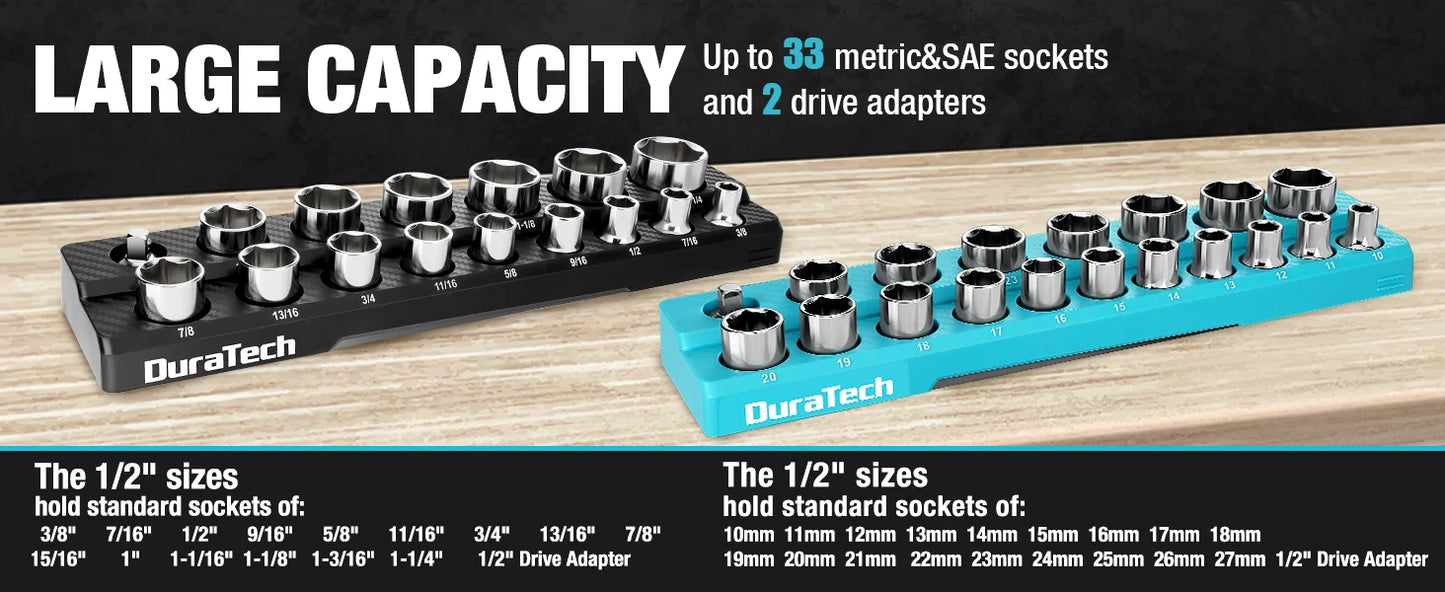 DURATECH Magnetic Socket Organizer Set, 1/2" Drive SAE&Metric Socket Holders Socket Trays for Tool Box and Tool Cart, Hold 35 Pi