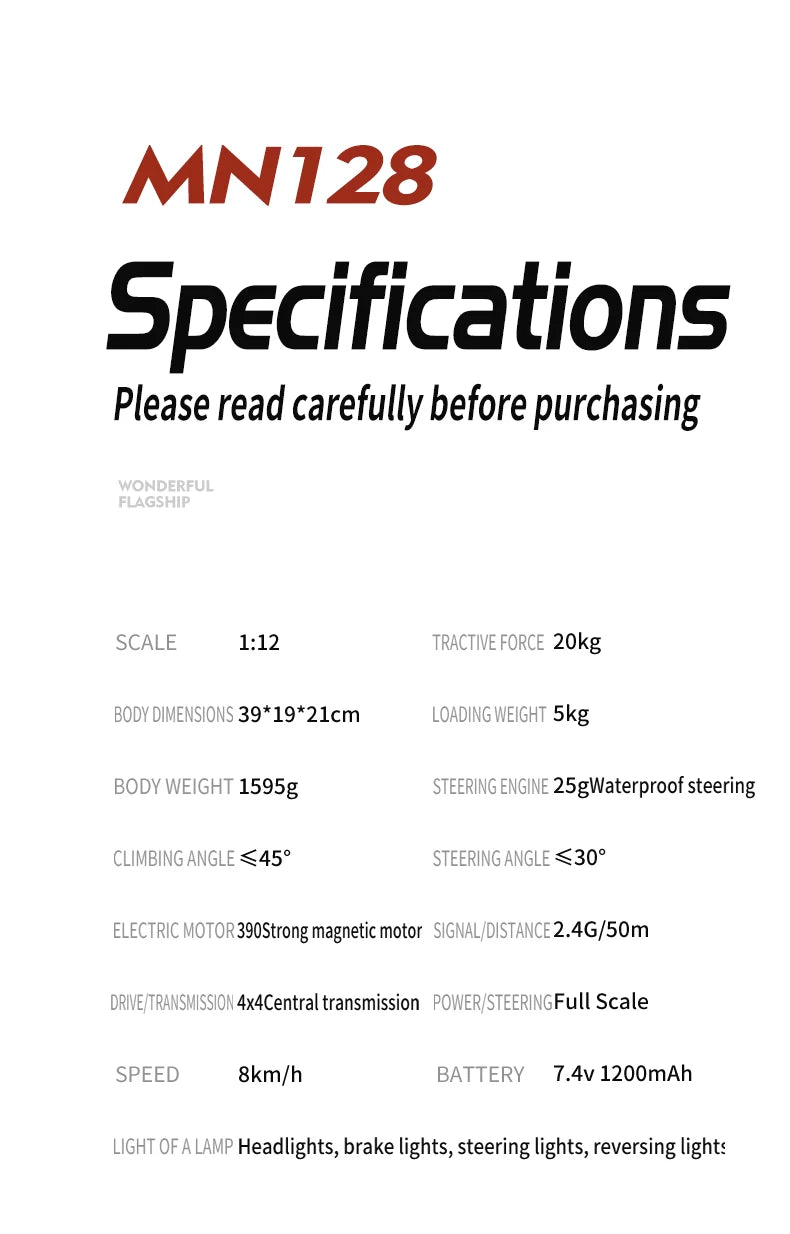 RC Crawler 4x4 Car MN128 2.4G Climbing Buggy Professional with LED Light Full Scale Remote Control Cars Toys for Boys Gift