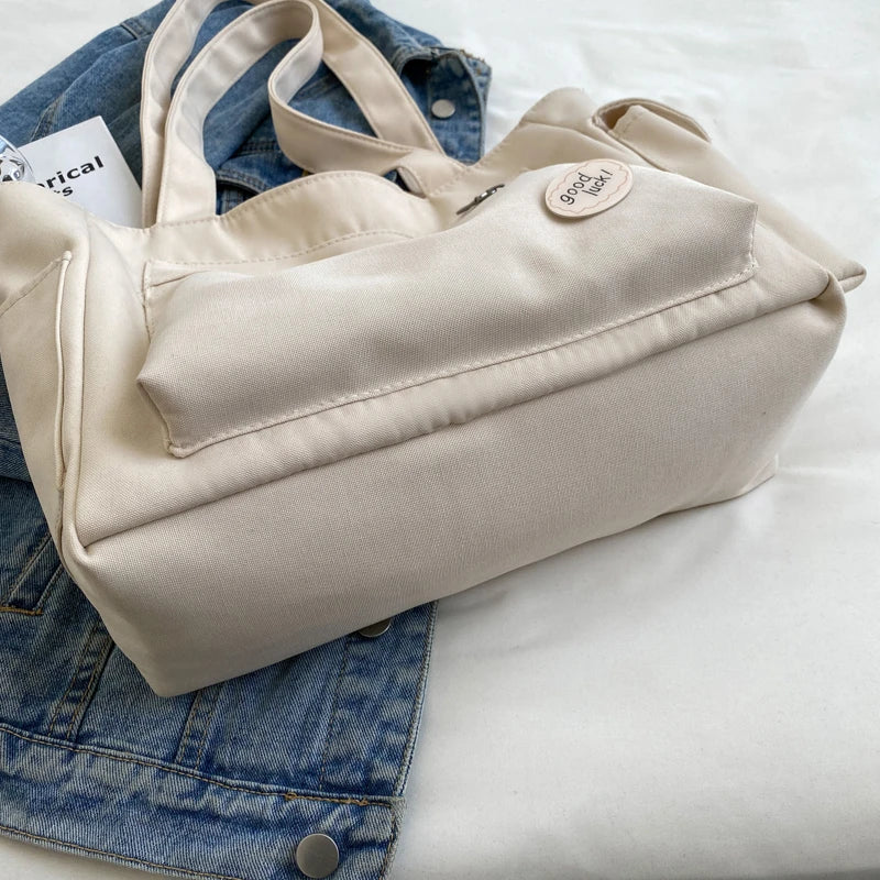 Lightweight Canvas Shoulder Bags For Women Ladies Handbags Multi Pockets Pure Color Travelling Shopper Totes