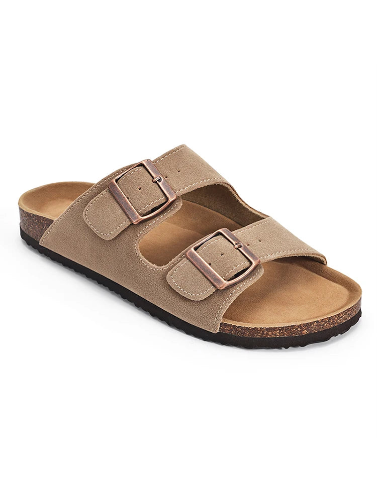 Kidmi Women Cork Suede Mules Slippers Outdoor Antiskid Beach Slippers Classic Cork Footbed Women Sandals With Adjustable Buckle