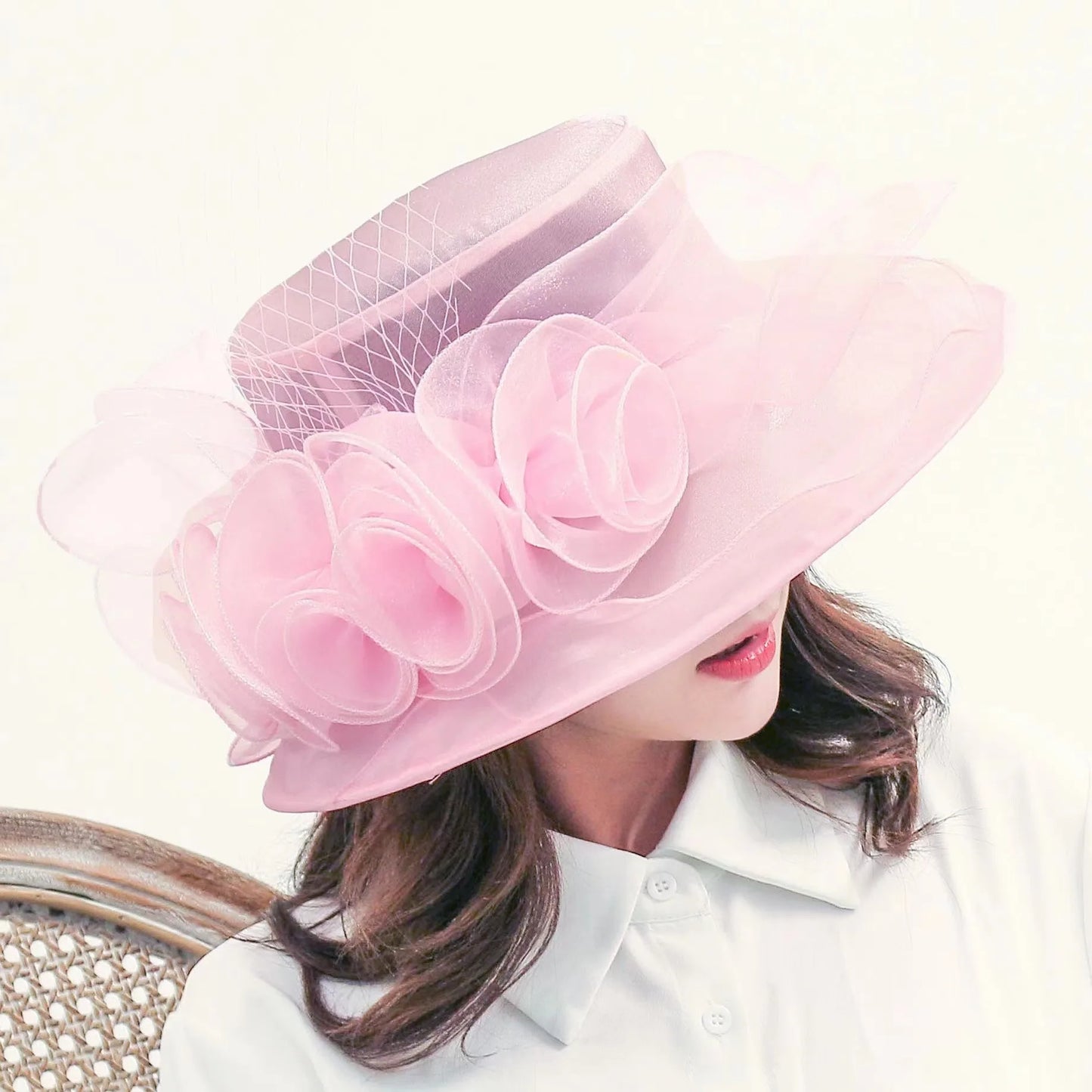 Ladies Sun Hat Mesh Top Hat Organza Summer Sun Hat Women Men Big Brim Hat beach French British Flower
