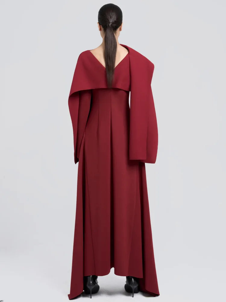 DEAT Elegant Dress Irregular Design Shawl Patchwork Long Sleeve Waist Backless Women's Evening Dresses 2024 Autumn New 13DL245
