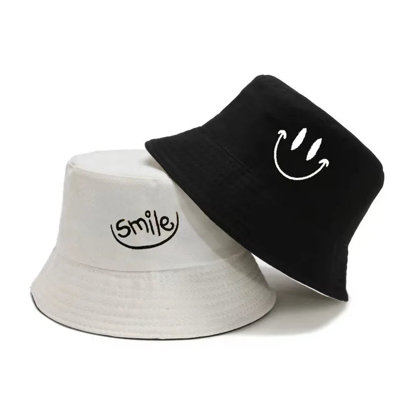 Unisex Bucket Hat Smile Embroidery Women Cotton Corduroy Double-Sided Bob Hip Hop Hat Four Season Panama Beach Fishing Sun Caps