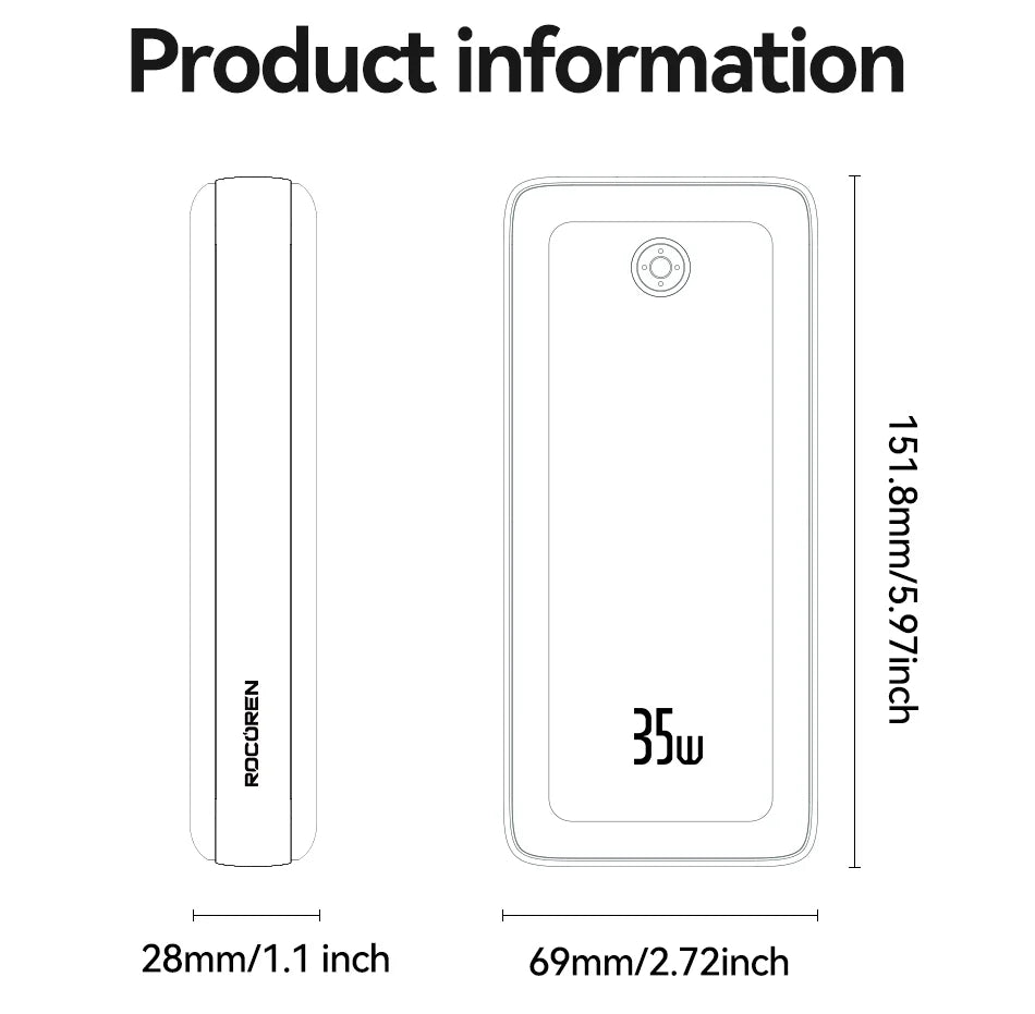 Rocoren 22.5W 20000mAh Power Bank QC PD 3.0 35W Fast Charge PowerBank Portable 10000mAh External Battery For iPhone 16 Xiaomi