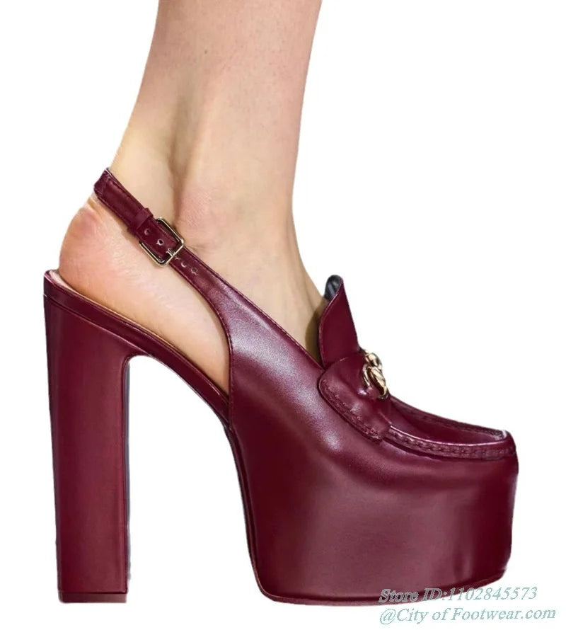 Metal Buckled Leather Platform Sandals Women's Chunky Heel Slingback Block High Heels 2024 Runway Pumps Luxury Designer Shoes