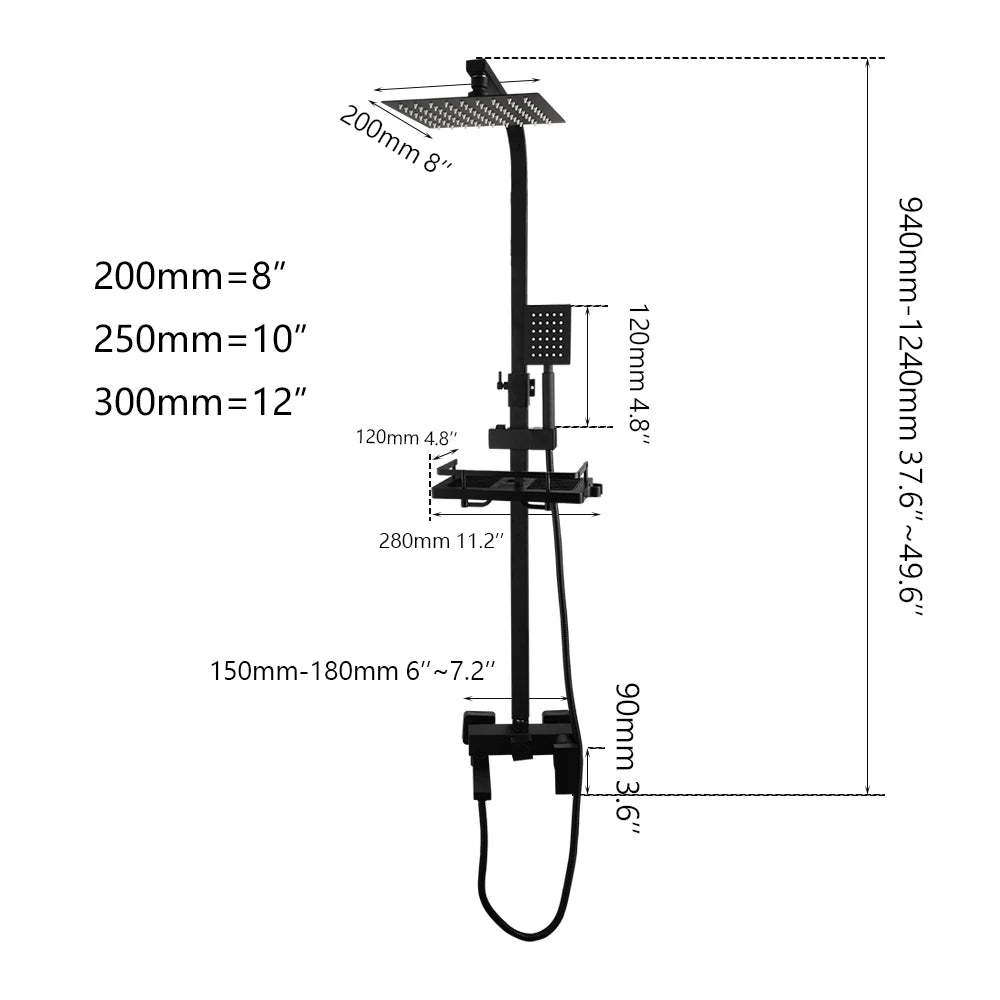 KEMAIDI Rainfall Bathroom Shower Faucet Set With Rack Shelf Bathtub Mixer Tap Black Wall Mounted Brass Bath Cabin System
