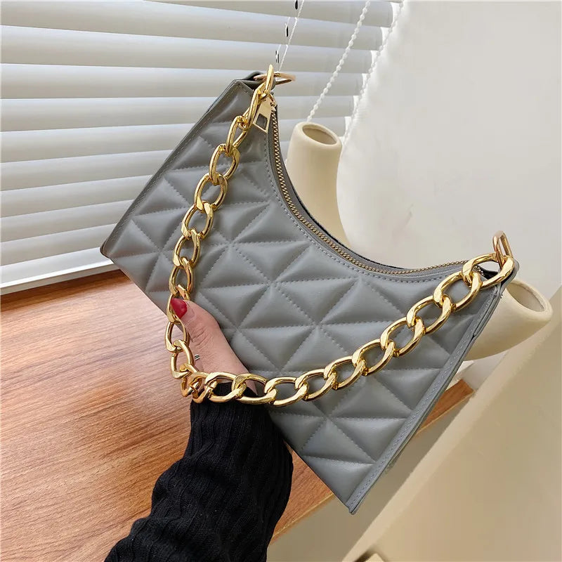Women's Diamond Pattern Shoulder Bag PU Leather Solid Color Niche Chain Handbag Fashion Females Underarm Shopping Bag