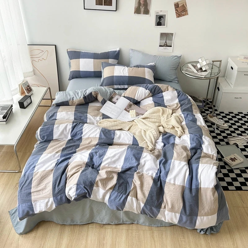 Bed Linen Washed Cotton Striped Grid Minimalist Bedding Sheet Set Comforter Sets Queen Duvet Cover Double For Boys And Girls