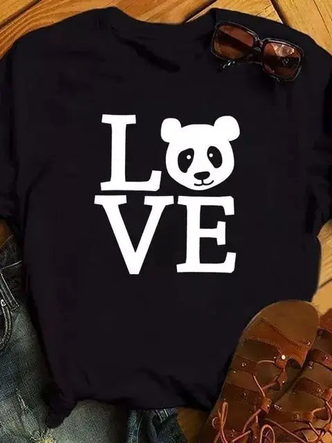 Maycaur Summer Women T Shirt Loose Tops Cute Panda Heart Print Short Sleeve Female Loose Casual T-shirt Ladies Top Teeadad