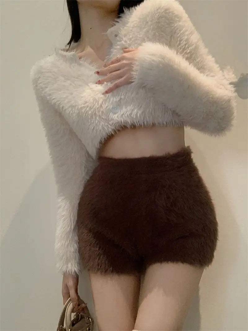Warm Fluffy Shorts for Women High Waist Autumn Winter Korean Style Fashion Elegant Hot Sweet Female All-match Street Wear Mujer
