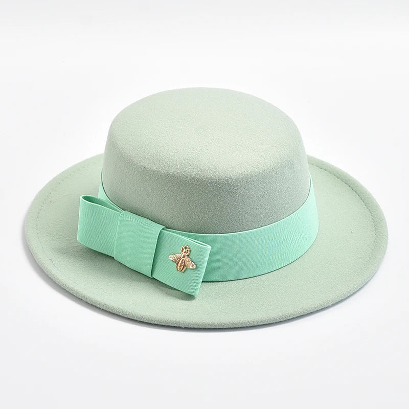 New Fedora Hat for Women Elegant Fashion Formal Wedding Decorate Church Cap Flat Top Bow Party Jazz Hat Chapeau Femme