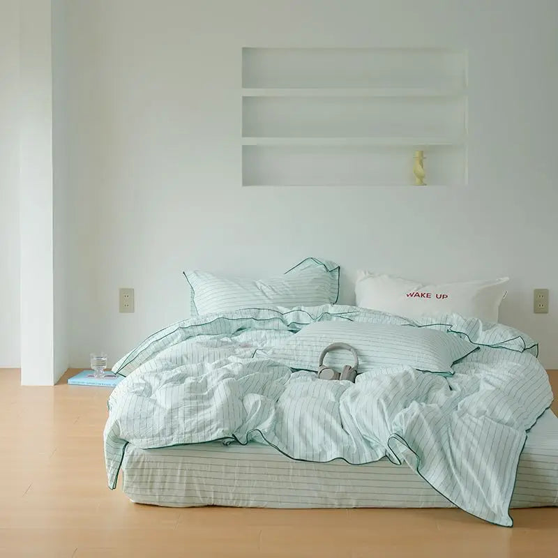 Mint Manbo Rolled Edge Washed Cotton Bed Four Piece Set, Duvet Cover, High-end Bed Sheet, Student Bed, Dormitory Three Piece Set