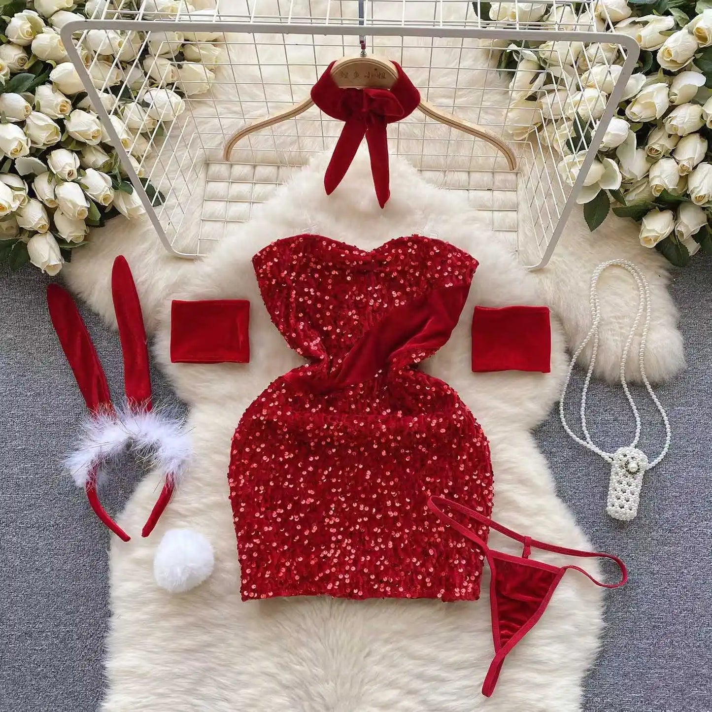 New In Christmas Red Short Dress Sexy Sequin Slim Bodycone Dress Strap Club Party Night Dress Rrotic Bunny Cosplay Mini Dress
