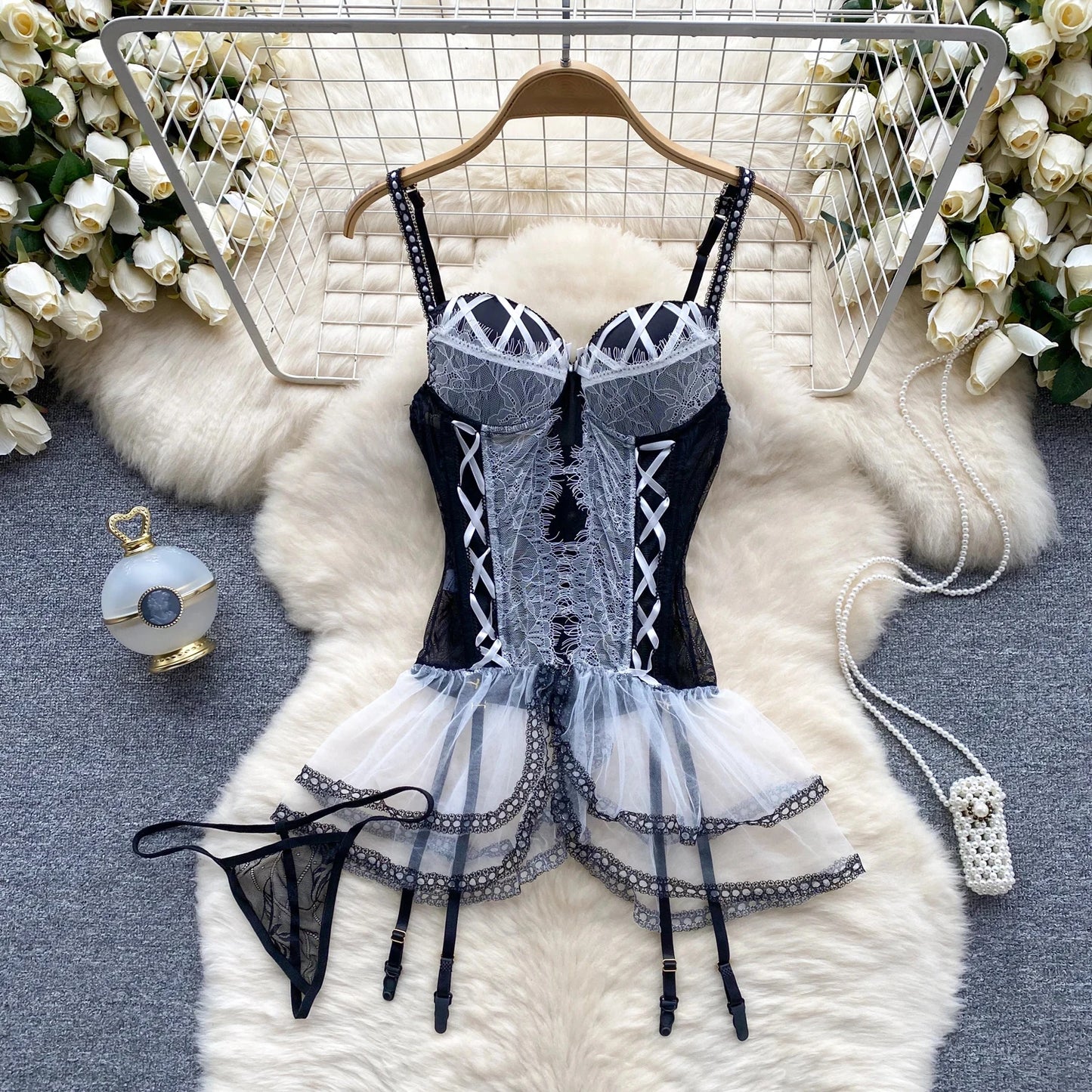 Girls Sexy Cute Japanese JK Uniform Mini Checkered Strap Skirt Off Shoulder High Waist Elastic Cosplay Dress Hot Sweet Pajama