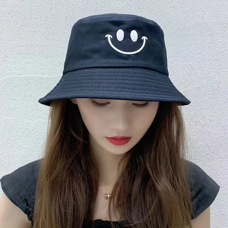 Unisex Bucket Hat Smile Embroidery Women Cotton Corduroy Double-Sided Bob Hip Hop Hat Four Season Panama Beach Fishing Sun Caps